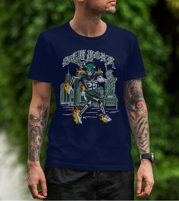 New York Ty Johnson Football Skyline Skeleton Art Flames Statue Of Liberty T-Shirt