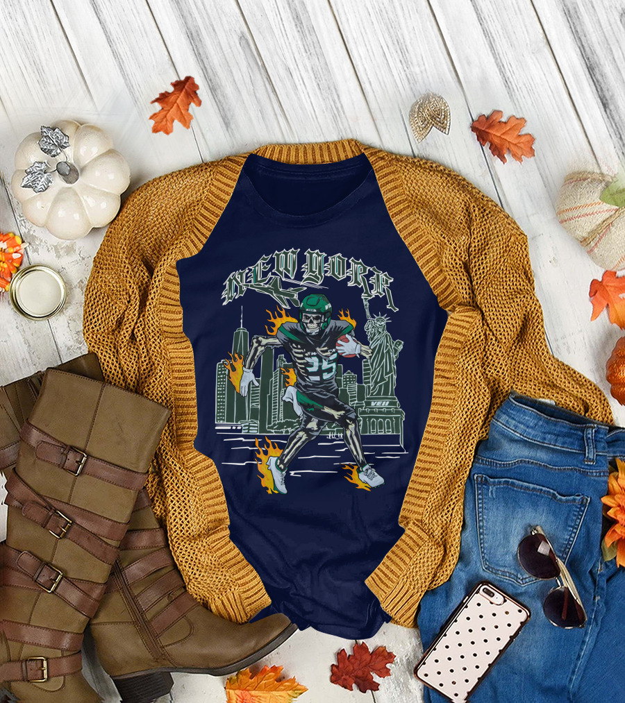 New York Ty Johnson Football Skyline Skeleton Art Flames Statue of Liberty T-Shirt