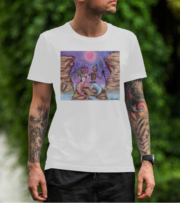 Marcos Alvarado Sea Of Love Mermaid And Skeleton Under Pink Moon T-Shirt
