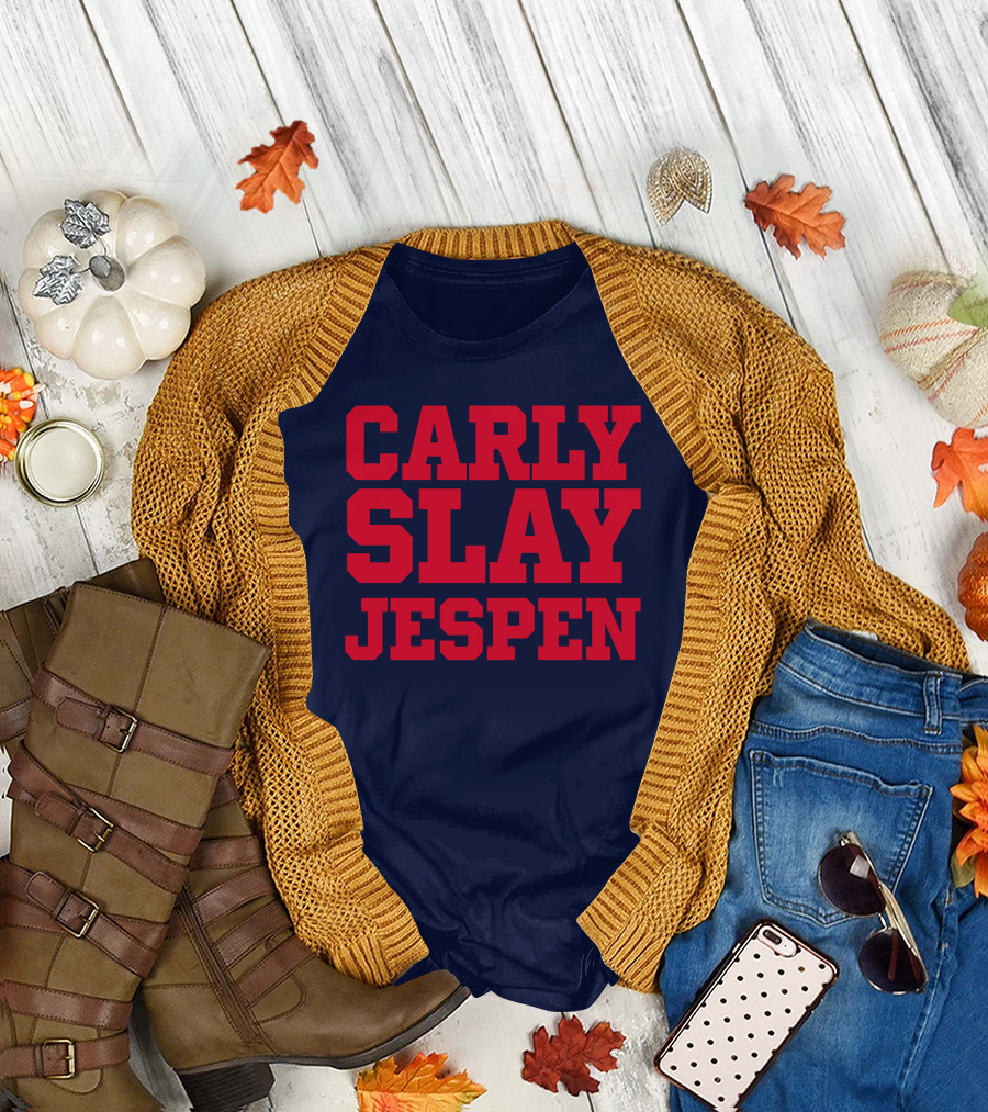 Carly Slay Jespen Bold Red Typography on Navy Background T-Shirt
