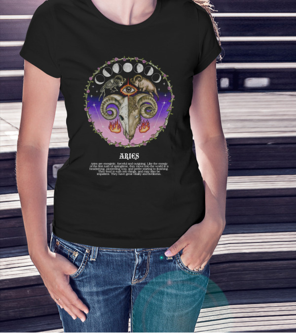 Aries Energetic Forceful Outgoing Headstrong Powerful Vitality Roses Moon Phases Ram Flame Eye T-Shirt