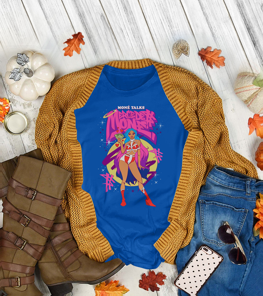 Moné Talks Vibrant Mercedes Moné Character with Angelic Halo and Cash Fan T-Shirt