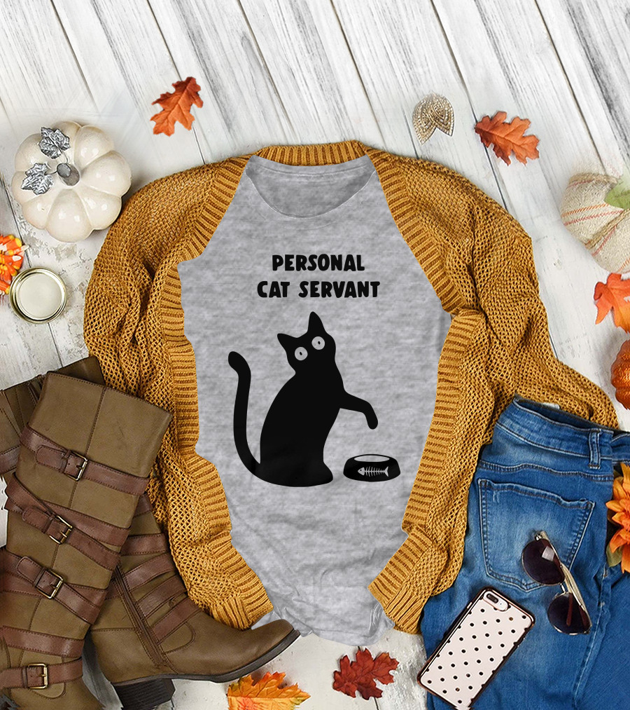Porridgebrain Personal Cat Servant Silhouette with Fish Bone Bowl T-Shirt