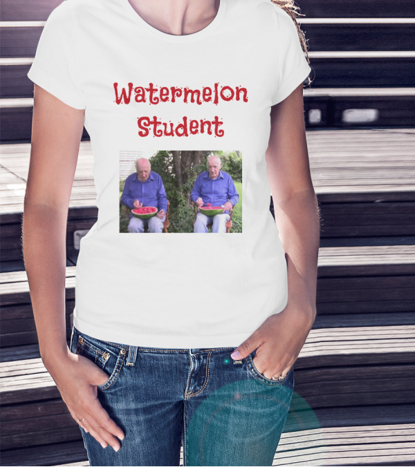 Watermelon Student Eating In Garden With Blue T-Shirt