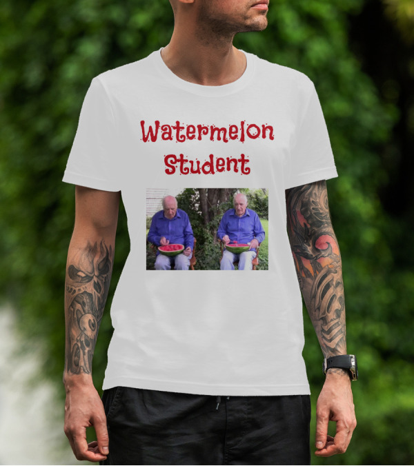 Watermelon Student Eating In Garden With Blue T-Shirt