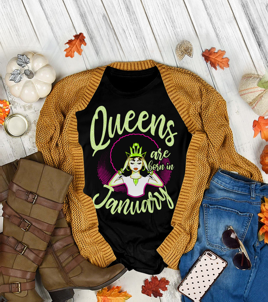 Queens are Born in January Afro Crowned Woman T-Shirt