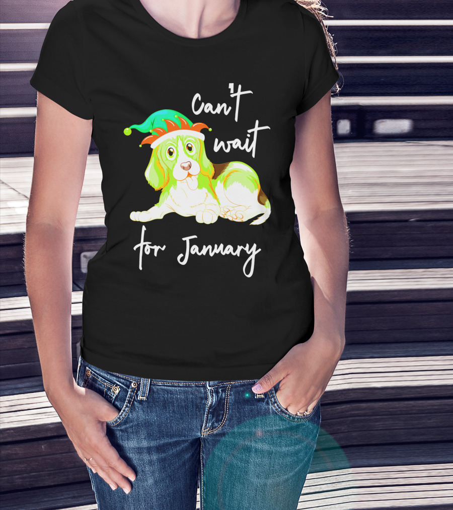 Can't Wait For January Festive Dog With Green And Red Hat T-Shirt