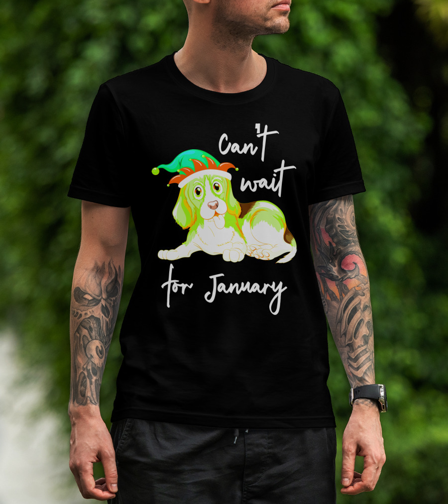 Can't Wait For January Festive Dog With Green And Red Hat T-Shirt