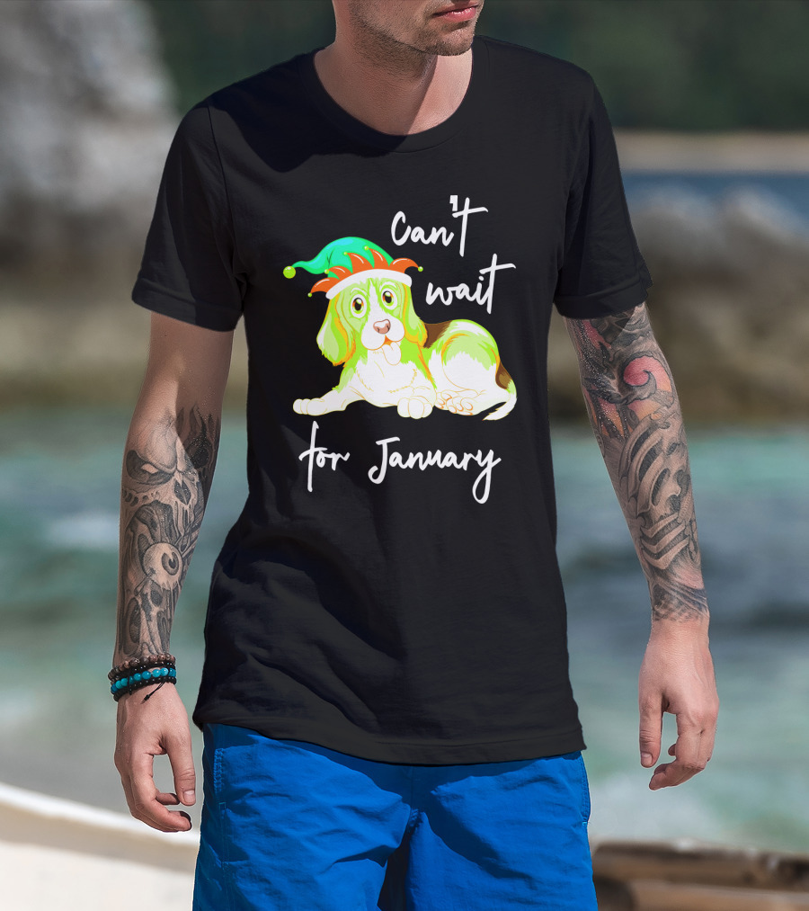 Can't Wait For January Festive Dog With Green And Red Hat T-Shirt
