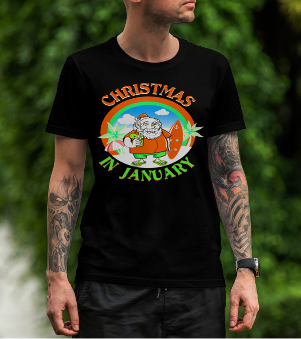 Christmas In January Santa With Surfboard And Drink T-Shirt