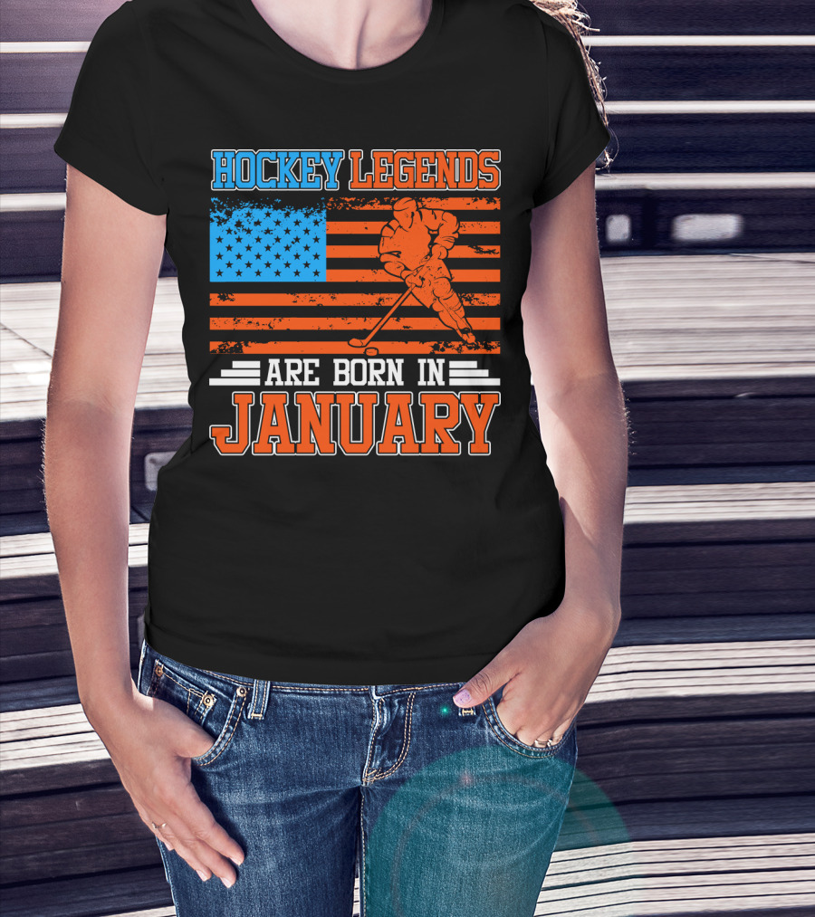 Hockey Legends Are Born In January With American Flag And Skater T-Shirt