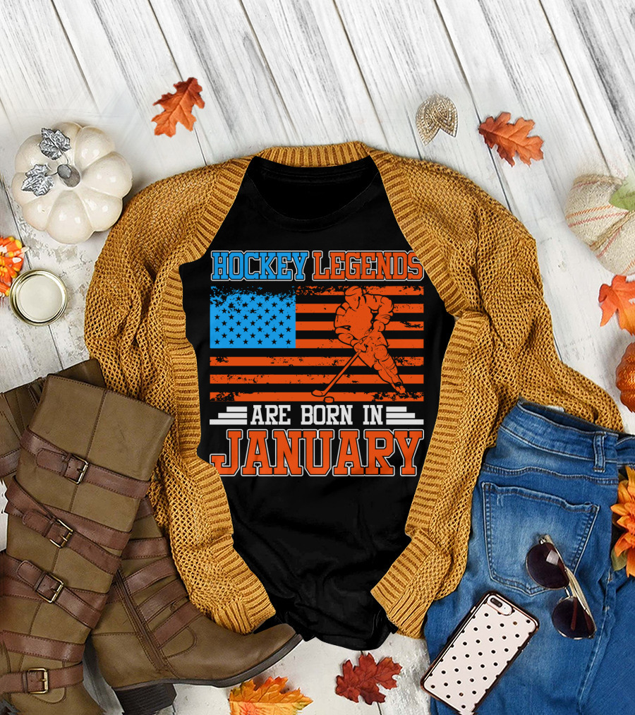 Hockey Legends Are Born in January with American Flag and Skater T-Shirt