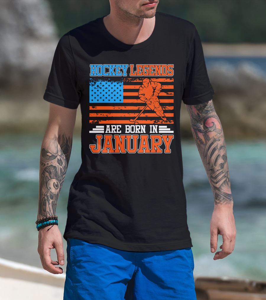 Hockey Legends Are Born In January With American Flag And Skater T-Shirt