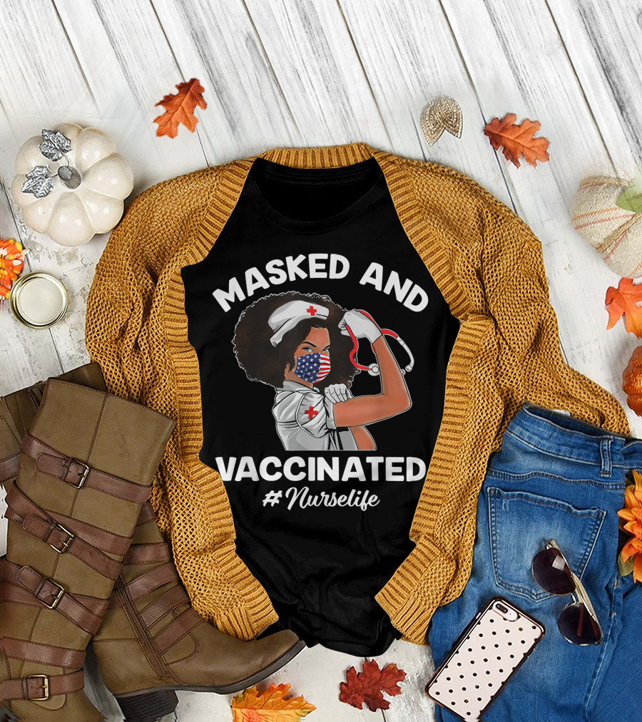 Masked And Vaccinated #Nurselife African American Nurse with Stethoscope and USA Flag Mask T-Shirt