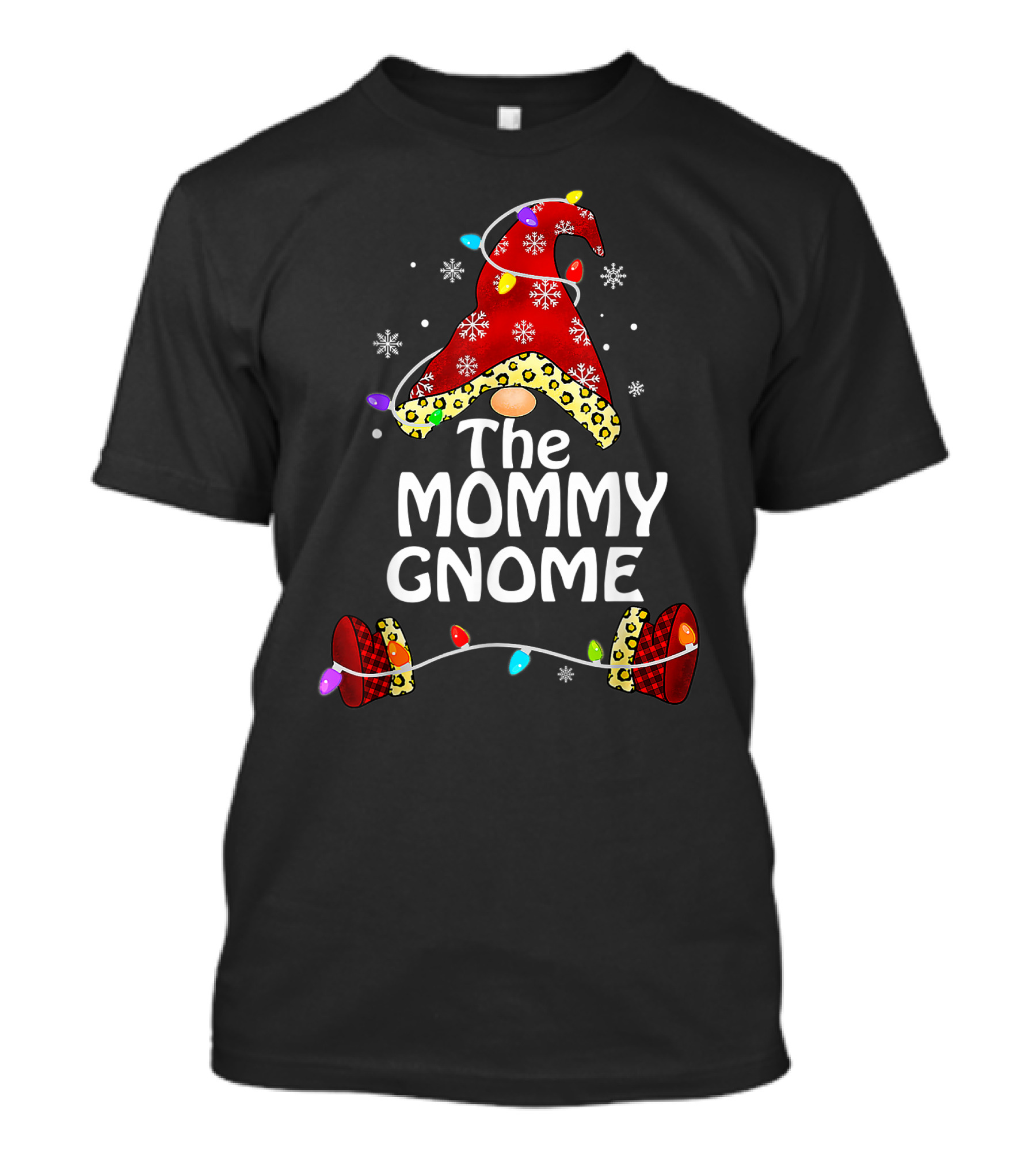 The Mommy Gnome Buffalo Plaid Leopard Print Christmas Lights T-Shirt