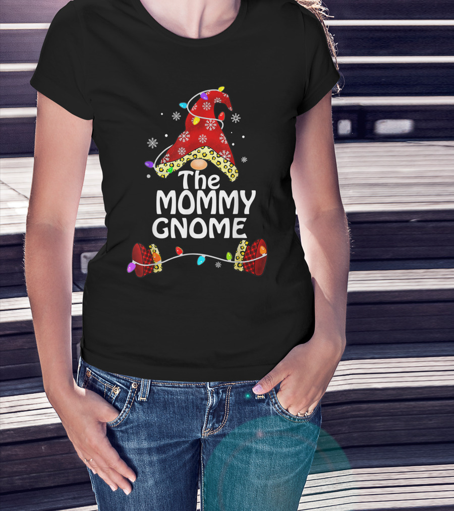 The Mommy Gnome Buffalo Plaid Leopard Print Christmas Lights T-Shirt