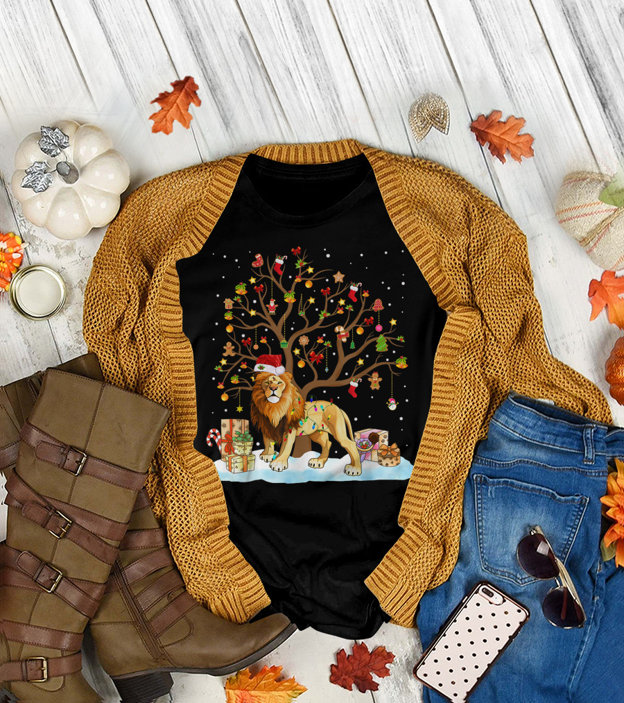 Lion with Christmas Tree Ornaments and Gifts T-Shirt