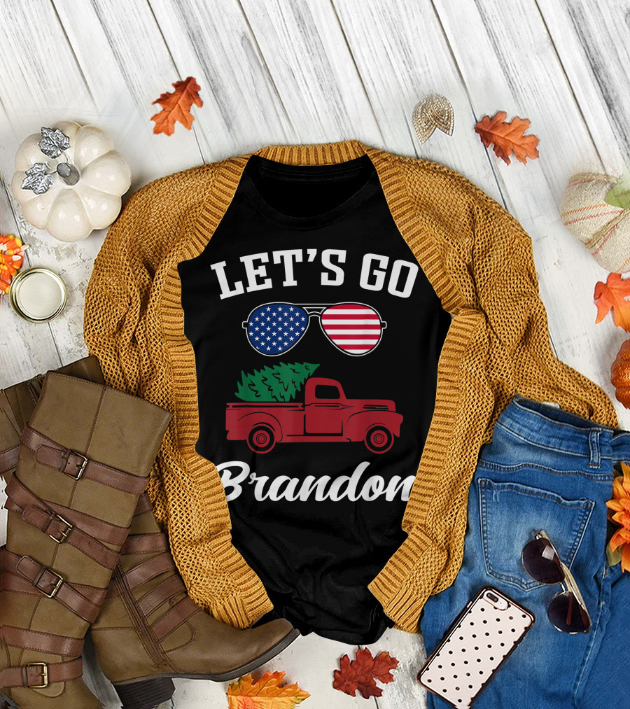 LET'S GO BRANDON American Flag Sunglasses Red Truck Christmas Tree T-Shirt