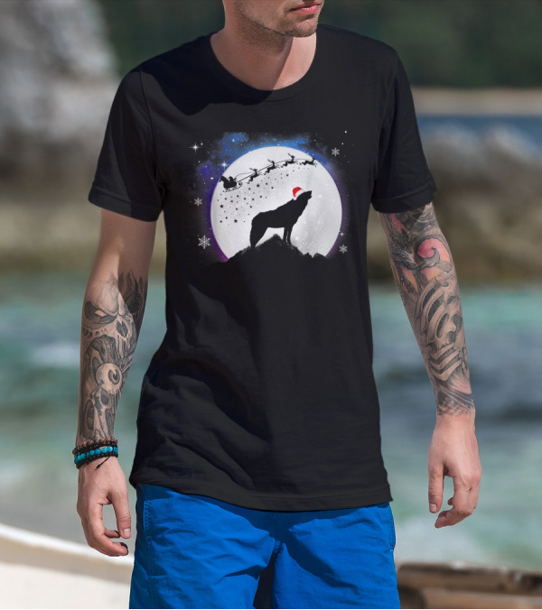 Wolf Santa Hat Full Moon Christmas Night T-Shirt