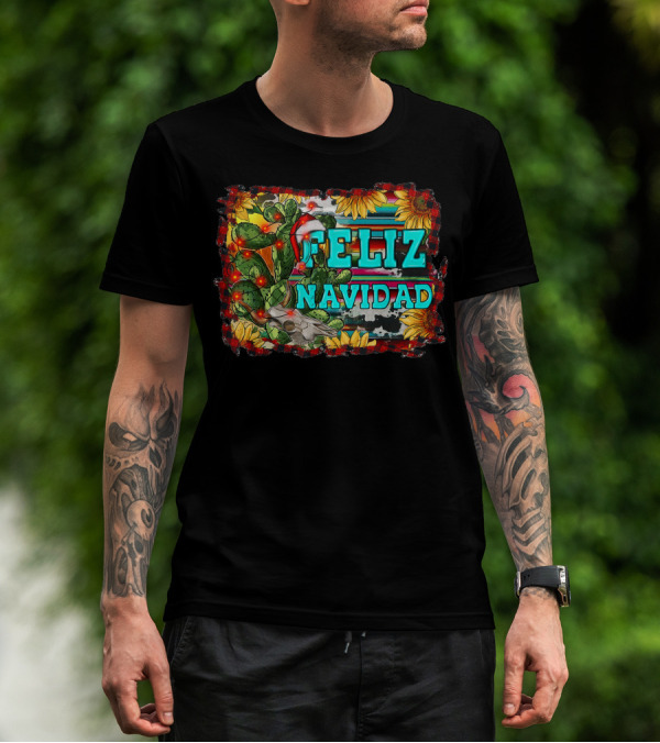 Feliz Navidad Western Country Christmas Texas Cactus Serape Sunflowers T-Shirt