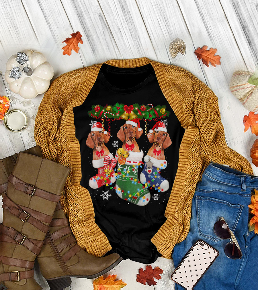 Vizsla Dogs in Christmas Stockings with Santa Hats and Holiday Decorations T-Shirt