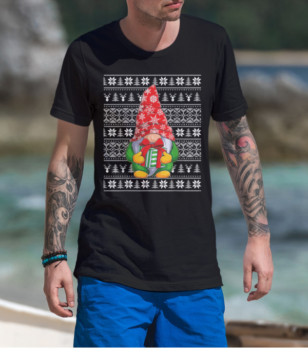 Ugly Christmas Sweater Gnome Holding Gifts With Snowflake Hat T-Shirt