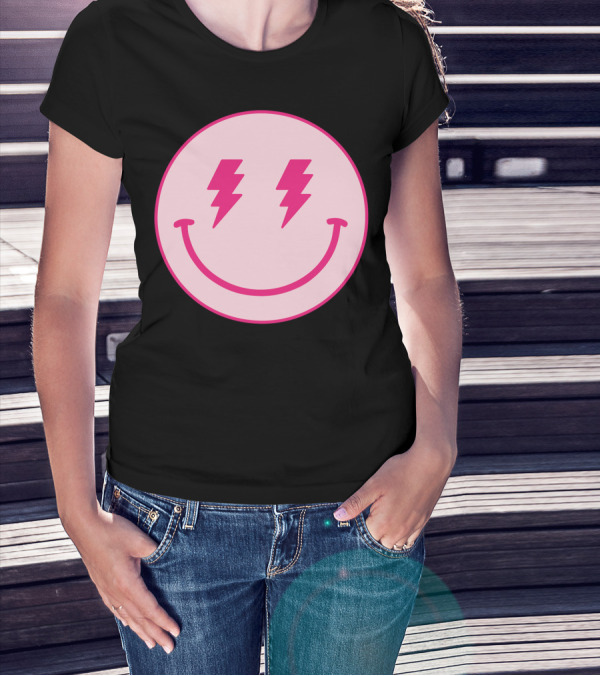 Lightning Bolt Smiley Face Pink Circle T-Shirt