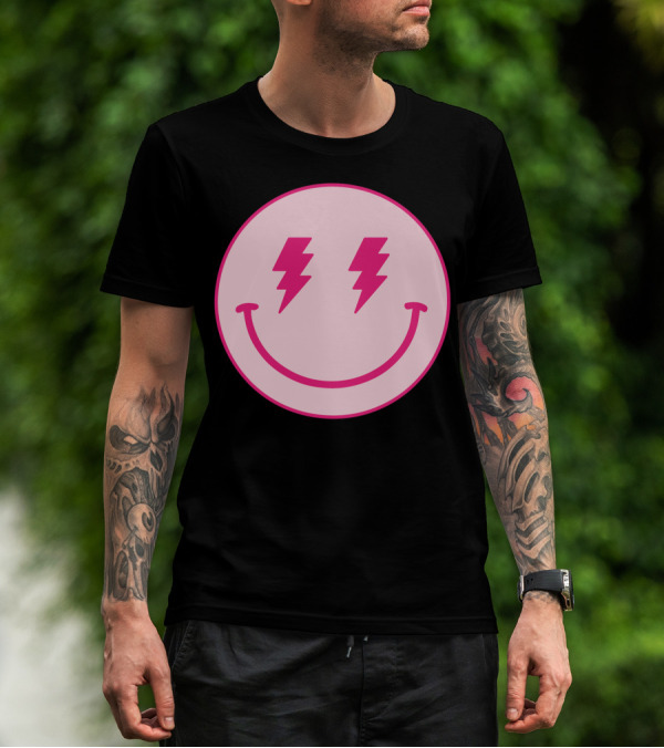 Lightning Bolt Smiley Face Pink Circle T-Shirt
