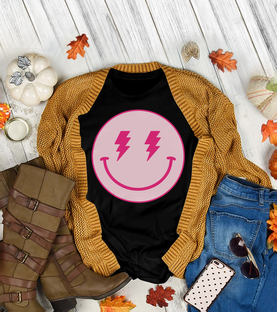 Lightning Bolt Smiley Face Pink Circle T-Shirt