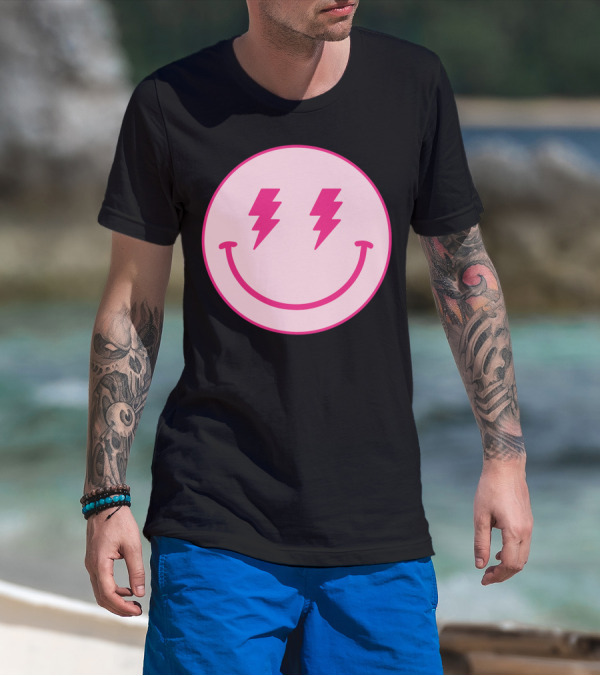 Lightning Bolt Smiley Face Pink Circle T-Shirt