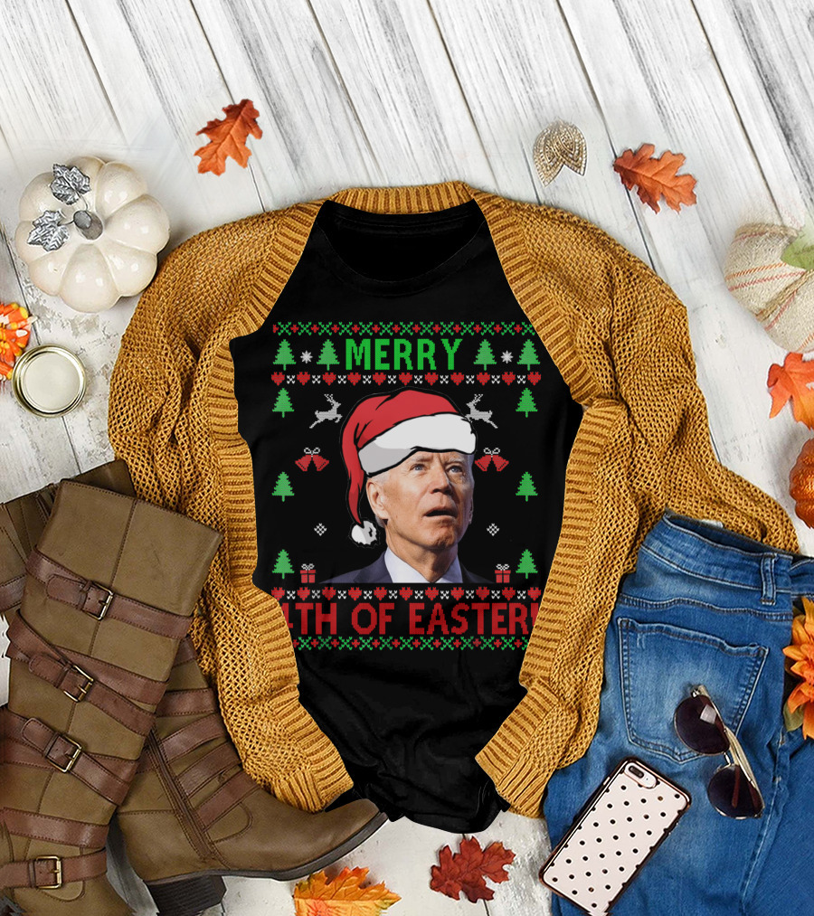 Joe Biden Merry 4th of Easter Santa Hat Ugly T-Shirt