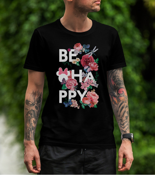 BE HAPPY Floral Minnie Mouse Butterflies And Dragonflies T-Shirt