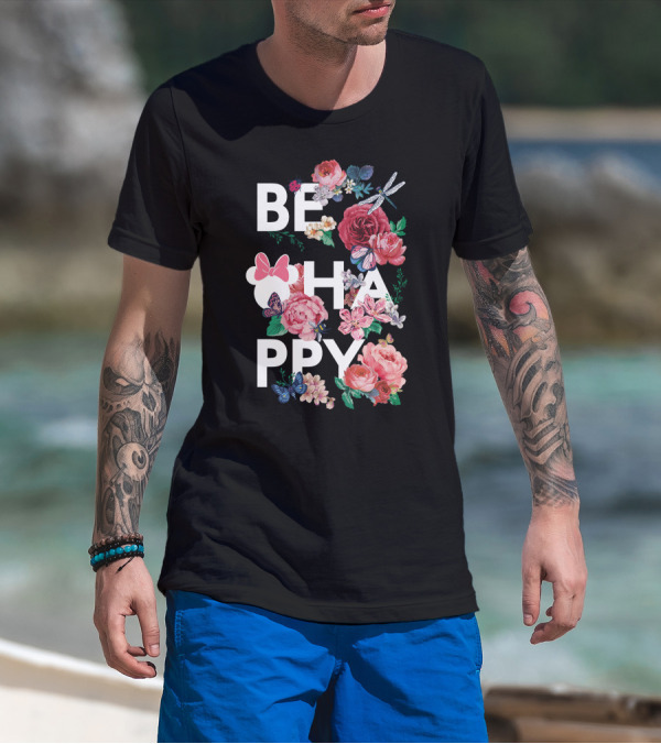 BE HAPPY Floral Minnie Mouse Butterflies And Dragonflies T-Shirt