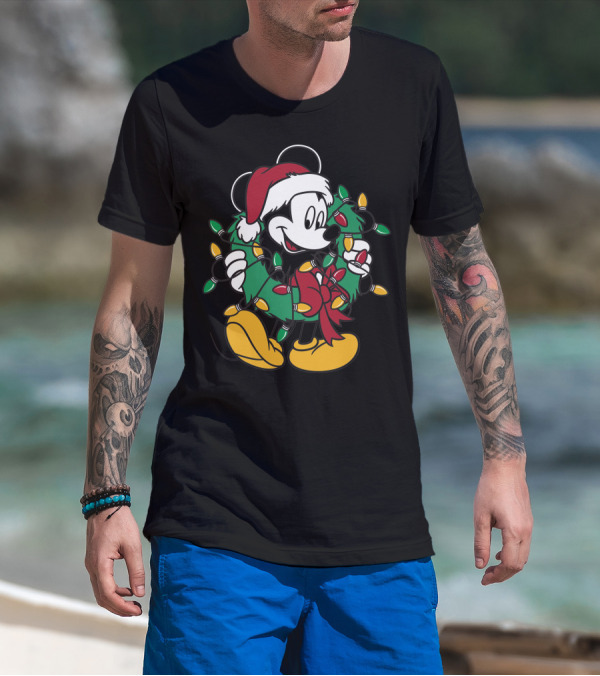 Disney Mickey Mouse Christmas Wreath Lights Santa Hat Holiday Decor T-Shirt