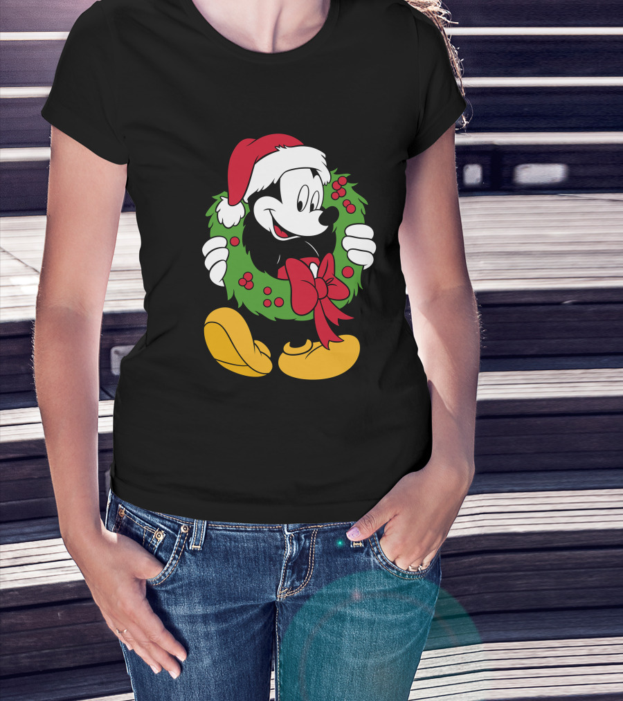 Disney Mickey Mouse Christmas Santa Hat Wreath Bow T-Shirt