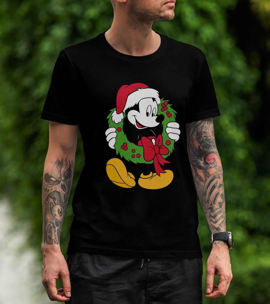 Disney Mickey Mouse Christmas Santa Hat Wreath Bow T-Shirt