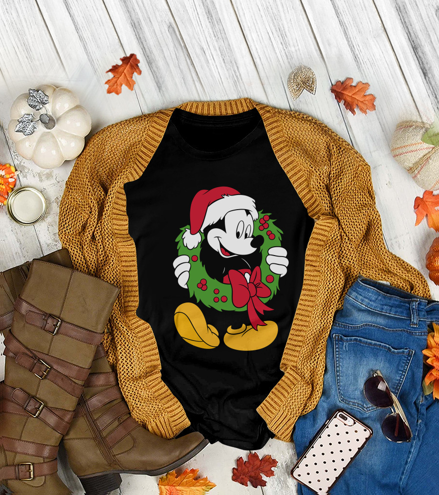 Disney Mickey Mouse Christmas Santa Hat Wreath Bow T-Shirt