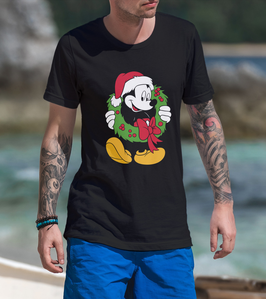 Disney Mickey Mouse Christmas Santa Hat Wreath Bow T-Shirt
