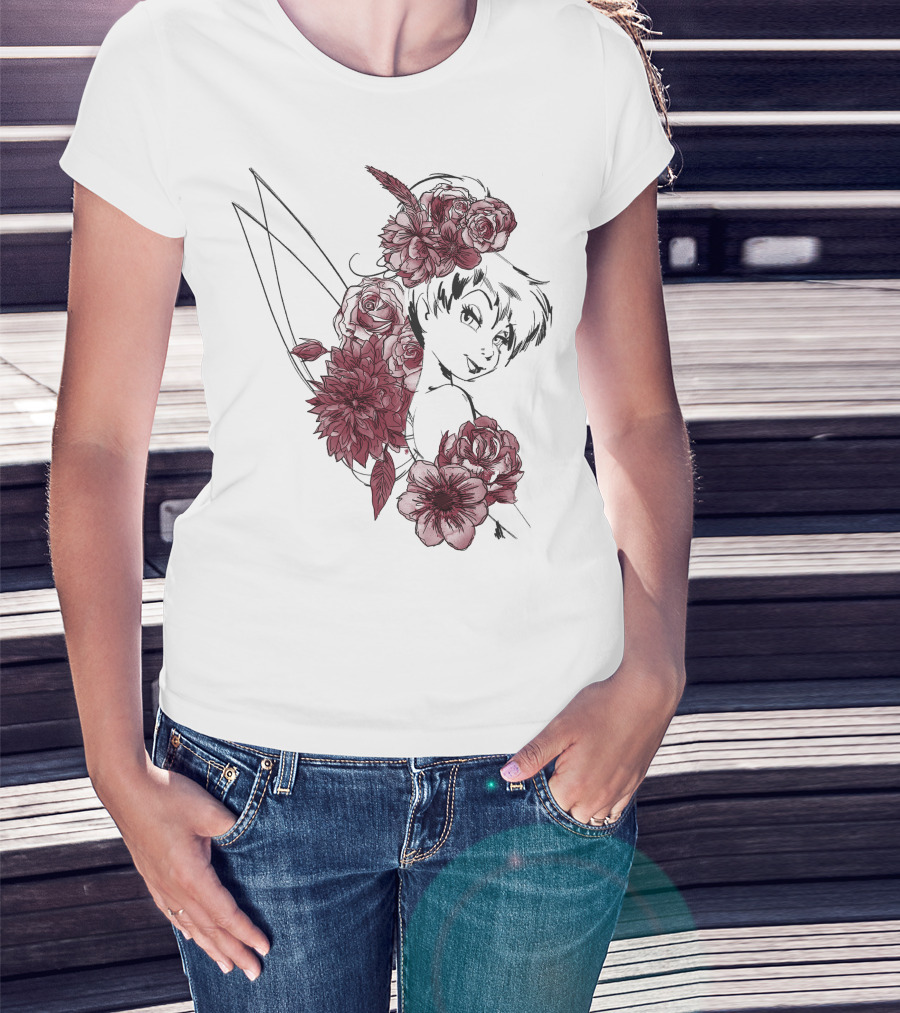 Disney Peter Pan Tinkerbell Red Floral Outline T-Shirt