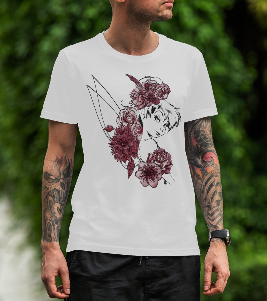 Disney Peter Pan Tinkerbell Red Floral Outline T-Shirt