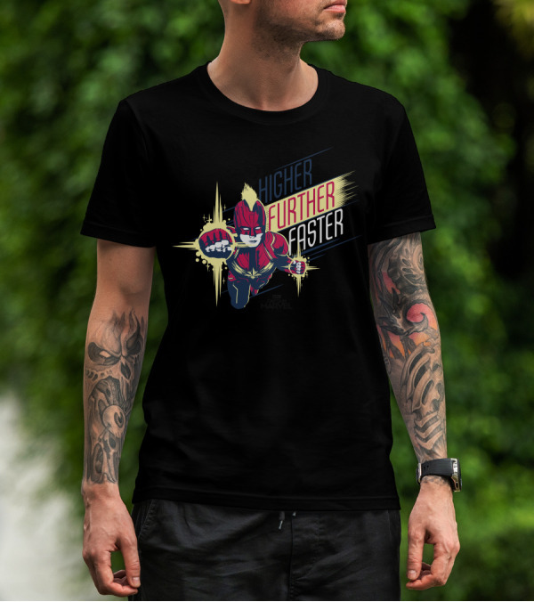 Captain Marvel Higher Further Faster Bold Heroic Charge T-Shirt