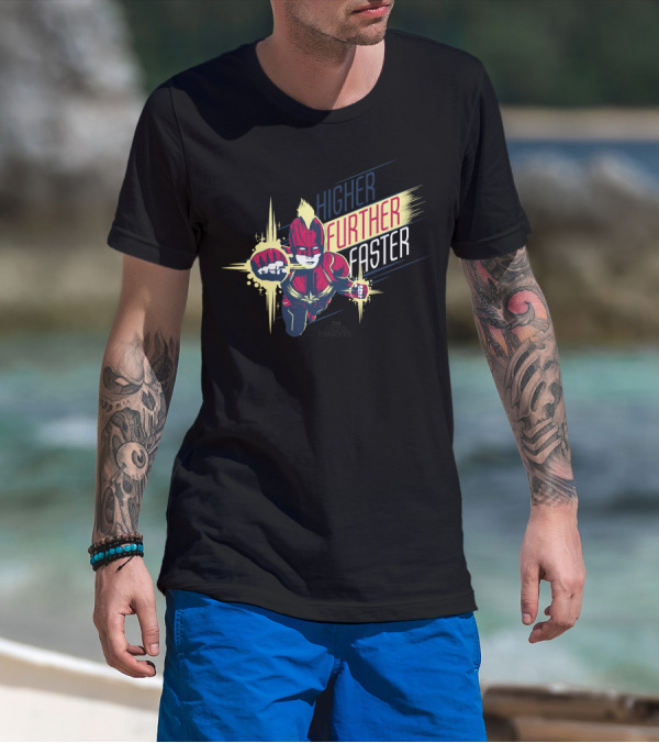 Captain Marvel Higher Further Faster Bold Heroic Charge T-Shirt