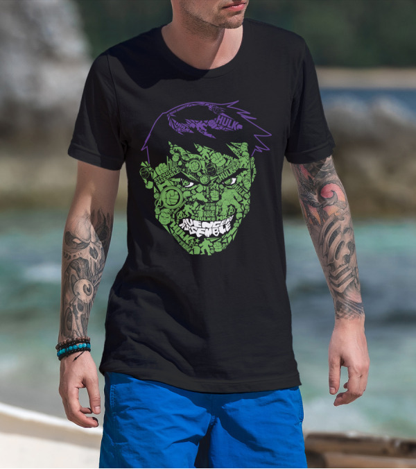 Avengers Assemble Hulk Rage Face With Smash Symbol And Purple Hair Elements T-Shirt