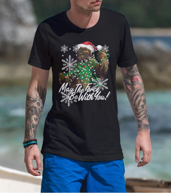 May The Force Be With You Chewbacca Santa Hat Tangled Lights Snowflakes T-Shirt