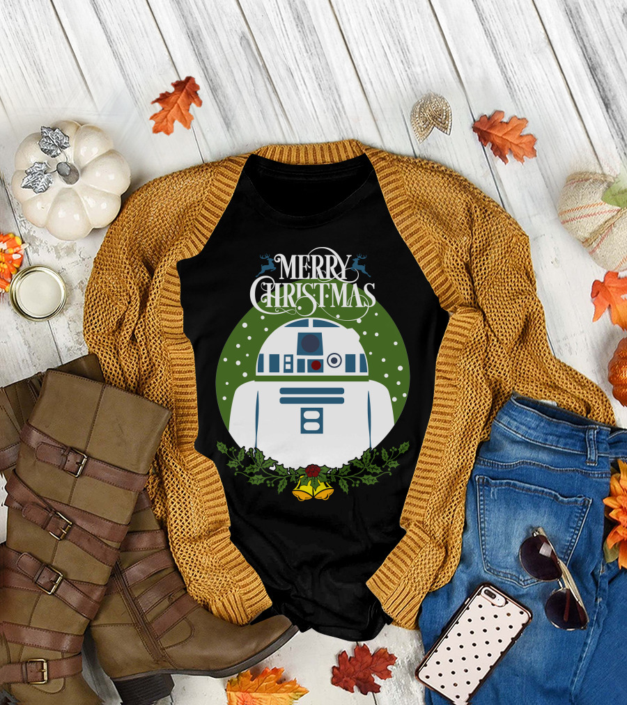 Star Wars R2-D2 Merry Christmas Wreath with Bells and Holly T-Shirt