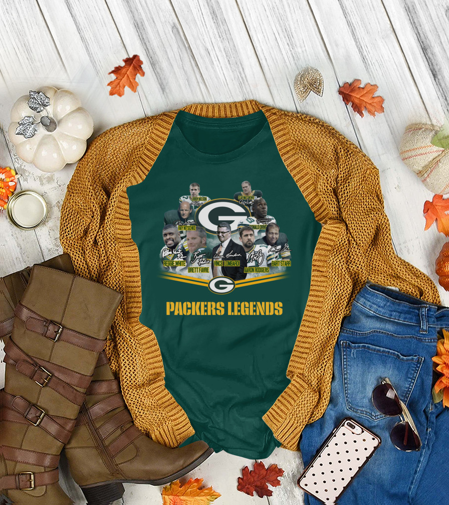 Packers Legends Vince Lombardi Reggie White Brett Favre Aaron Rodgers Ray Nitschke Bart Starr Curly Lambeau Paul Hornung T-Shirt