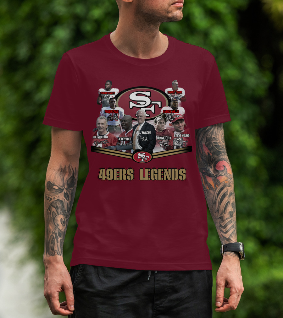 49ers Legends Joe Montana Jerry Rice Ronnie Lott Steve Young Charles Haley Roger Craig Dwight Clark Patrick Willis Bill Walsh T-Shirt