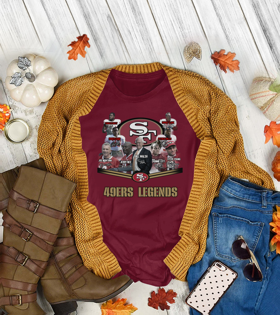 49ers Legends Joe Montana Jerry Rice Ronnie Lott Steve Young Charles Haley Roger Craig Dwight Clark Patrick Willis Bill Walsh T-Shirt