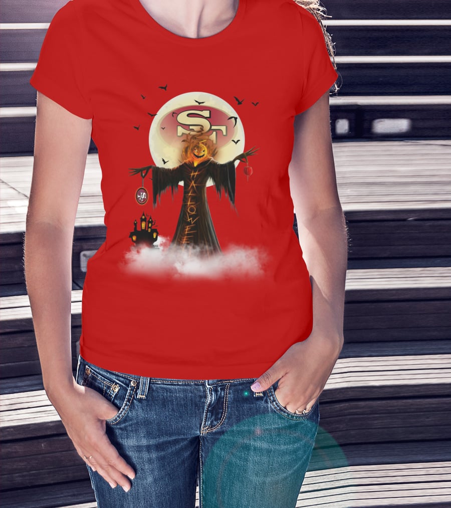 Halloween Scarecrow With Sf Logo And Haunted Castle T-Shirt