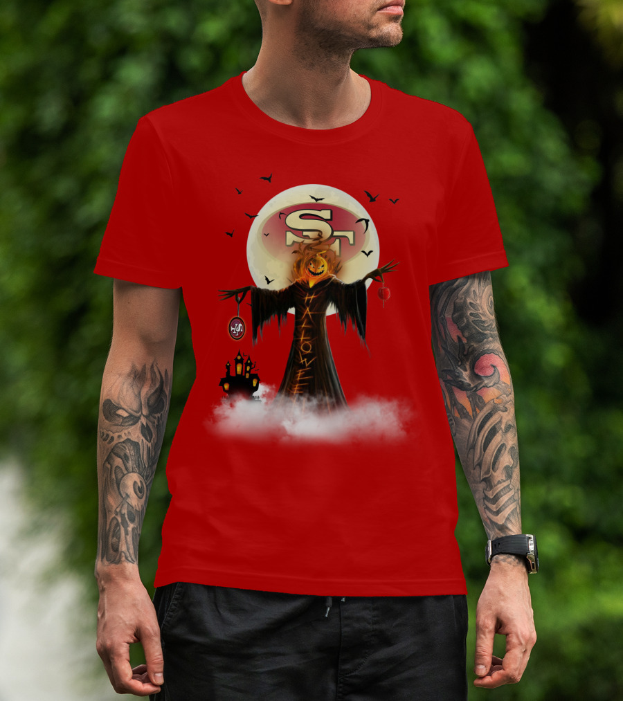 Halloween Scarecrow With Sf Logo And Haunted Castle T-Shirt